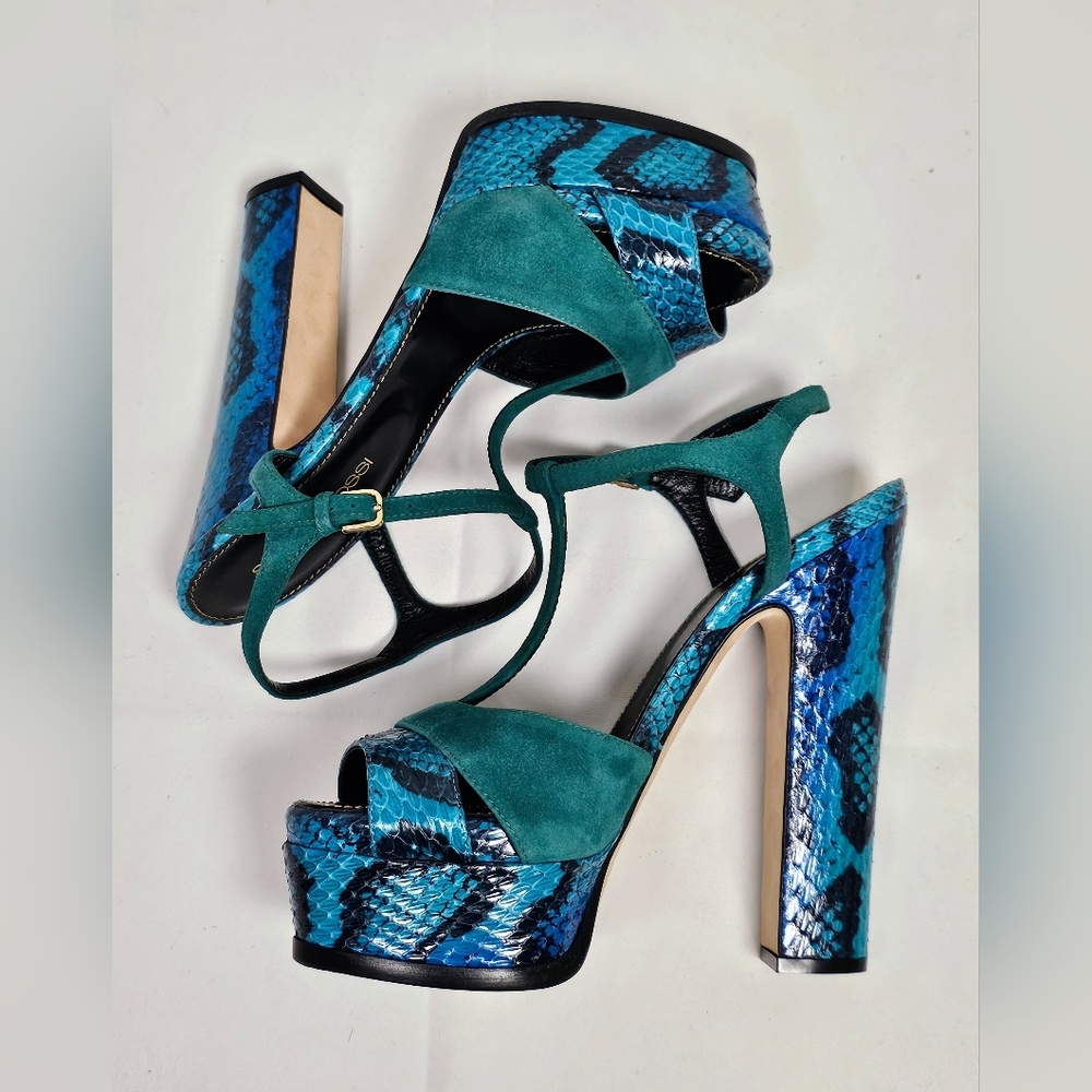 Sergio Rossi Elaphe Blue/Green Suede and Python Leather Platform Size US 5.5 - Picture 3 of 16